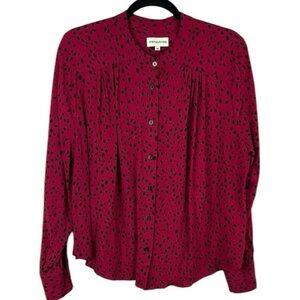 Pepaloves Polka Dot Leopard Pleated Button Down Blouse Medium Red Black